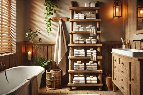 Using Ladder Shelves for a Rustic Towel Display